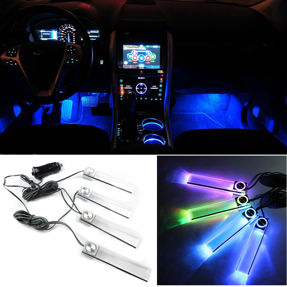 Acheter 4 in1 nterior voiture décorative lumière atmosphère intérieur  lumières pied lampes LED lumière lueur bleu lampe